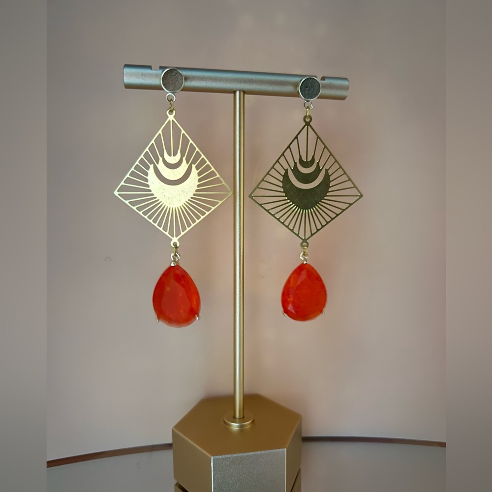 Delicate Statement Gold & Orange Dangle Earrings … - image 1
